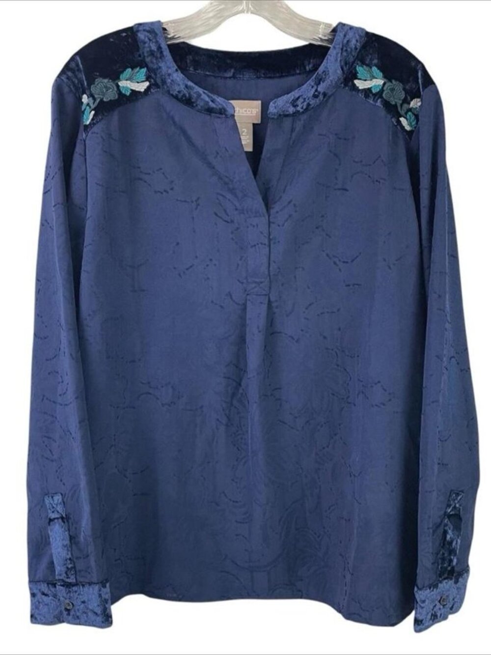 Chico's Embroidered Velvet Trim Floral Jacquard Long Sleeve Top Womens Size L